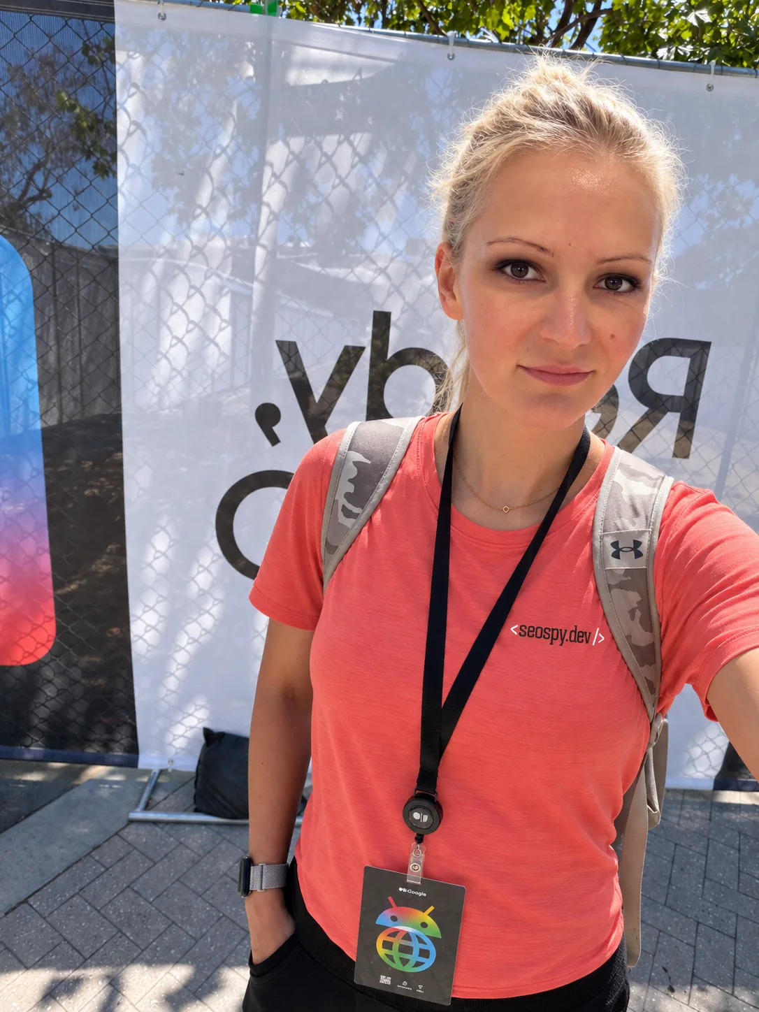 Olga Zarr, SEO consultant, wearing a Google I/O attendee lanyard.