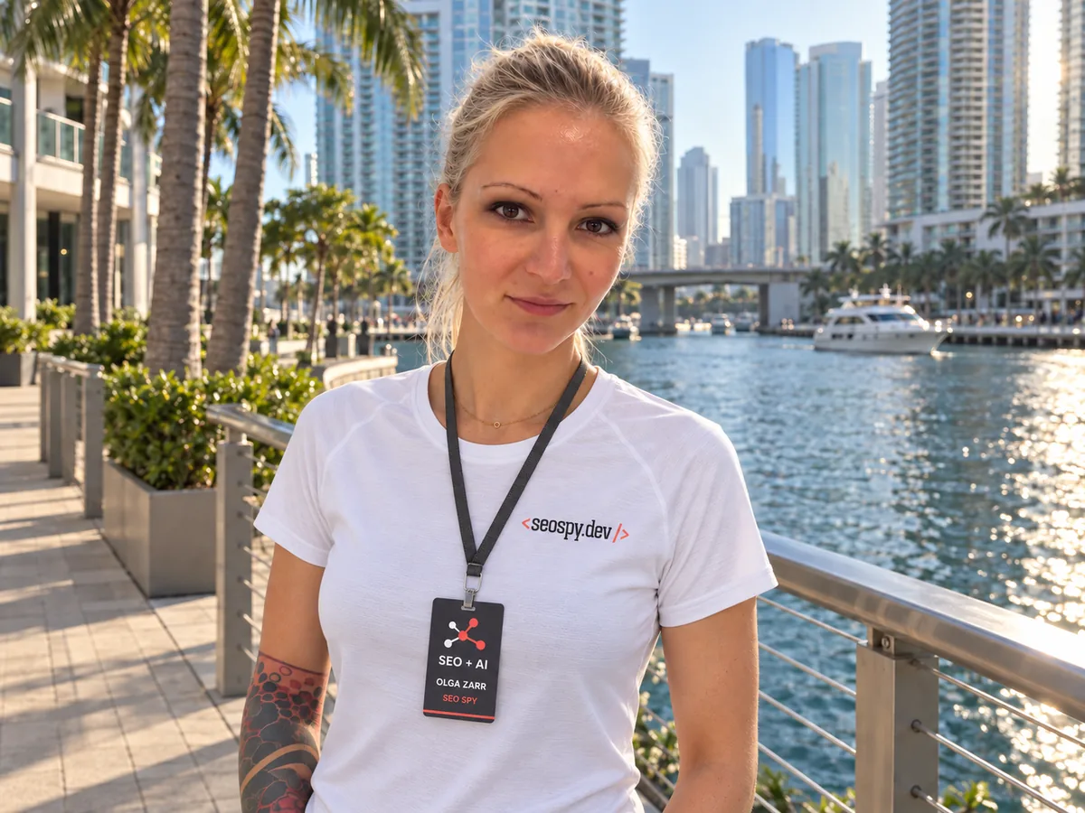 Olga Zarr, independent SEO consultant, beside a city waterfront.